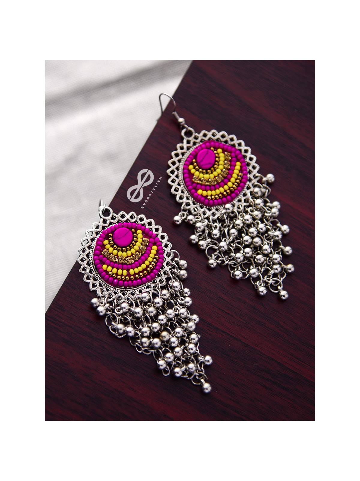 The Boho Jhaalar (Pink-Yellow) - The Embroidered Oxidised Collection