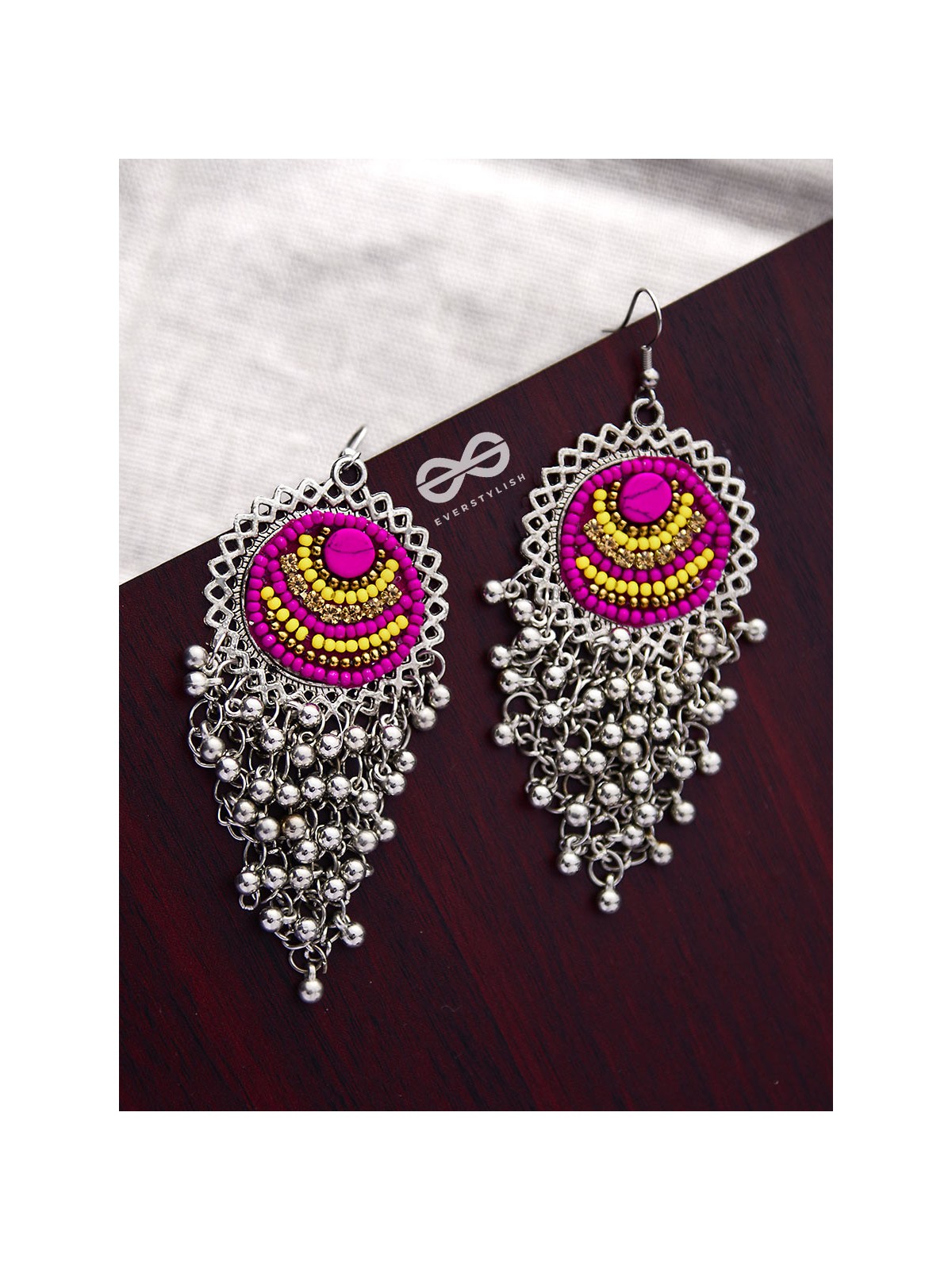 The Boho Jhaalar (Pink-Yellow) - The Embroidered Oxidised Collection