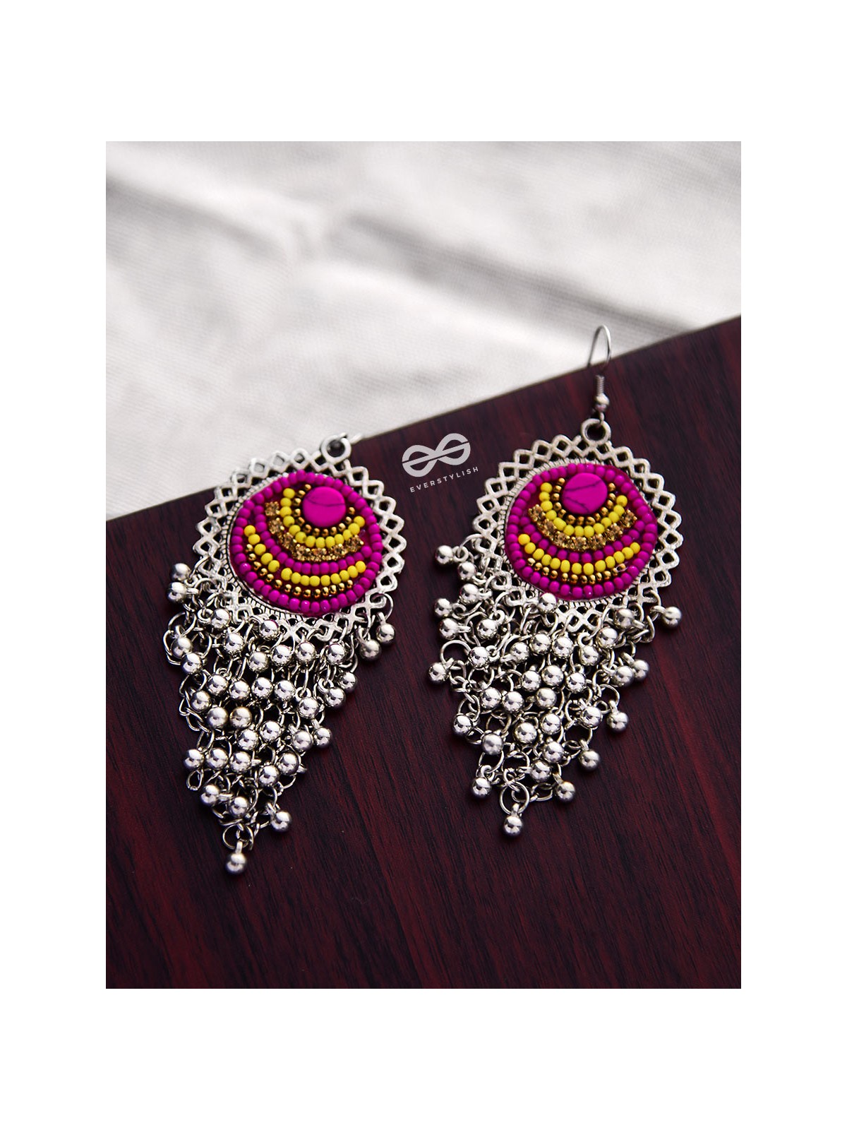 The Boho Jhaalar (Pink-Yellow) - The Embroidered Oxidised Collection