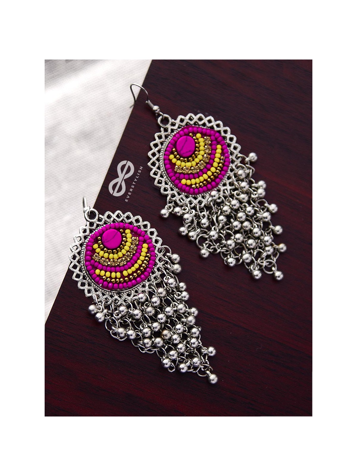 The Boho Jhaalar (Pink-Yellow) - The Embroidered Oxidised Collection
