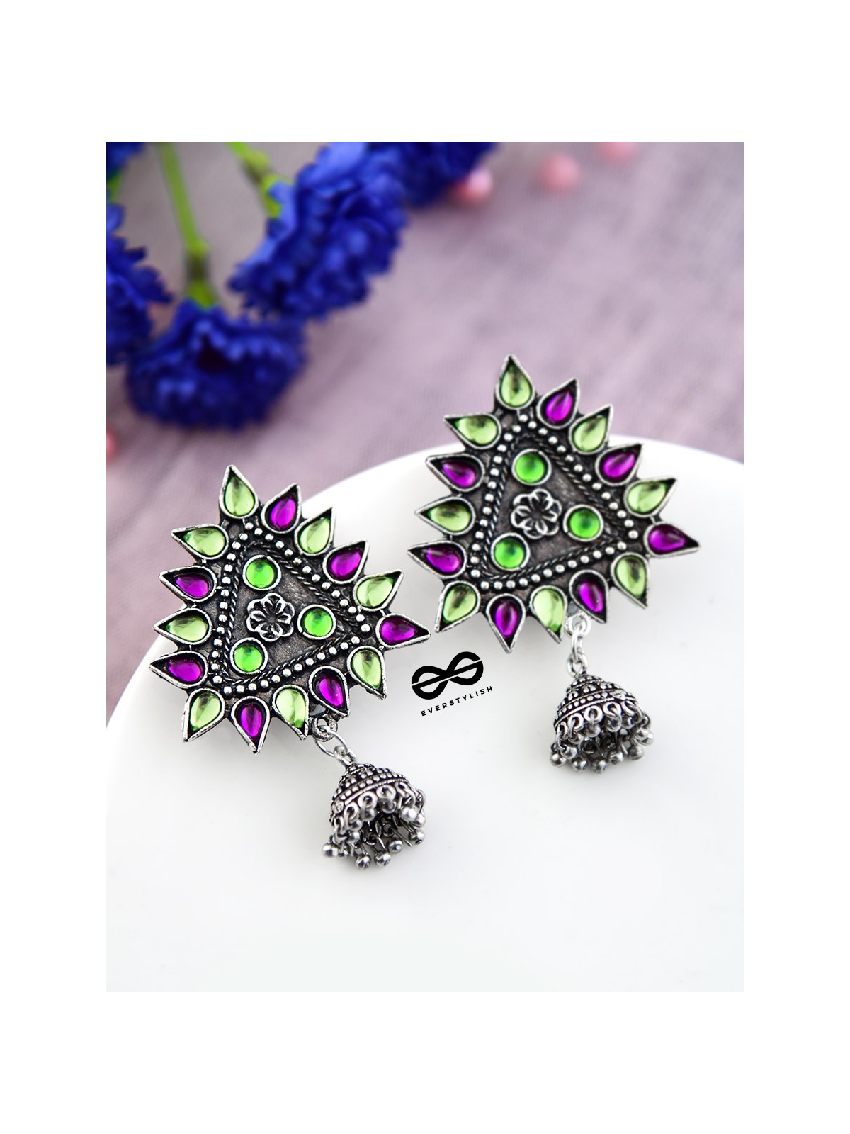 The Ethnic Wonders (Purple Green) - Embellished Oxidised Earrings