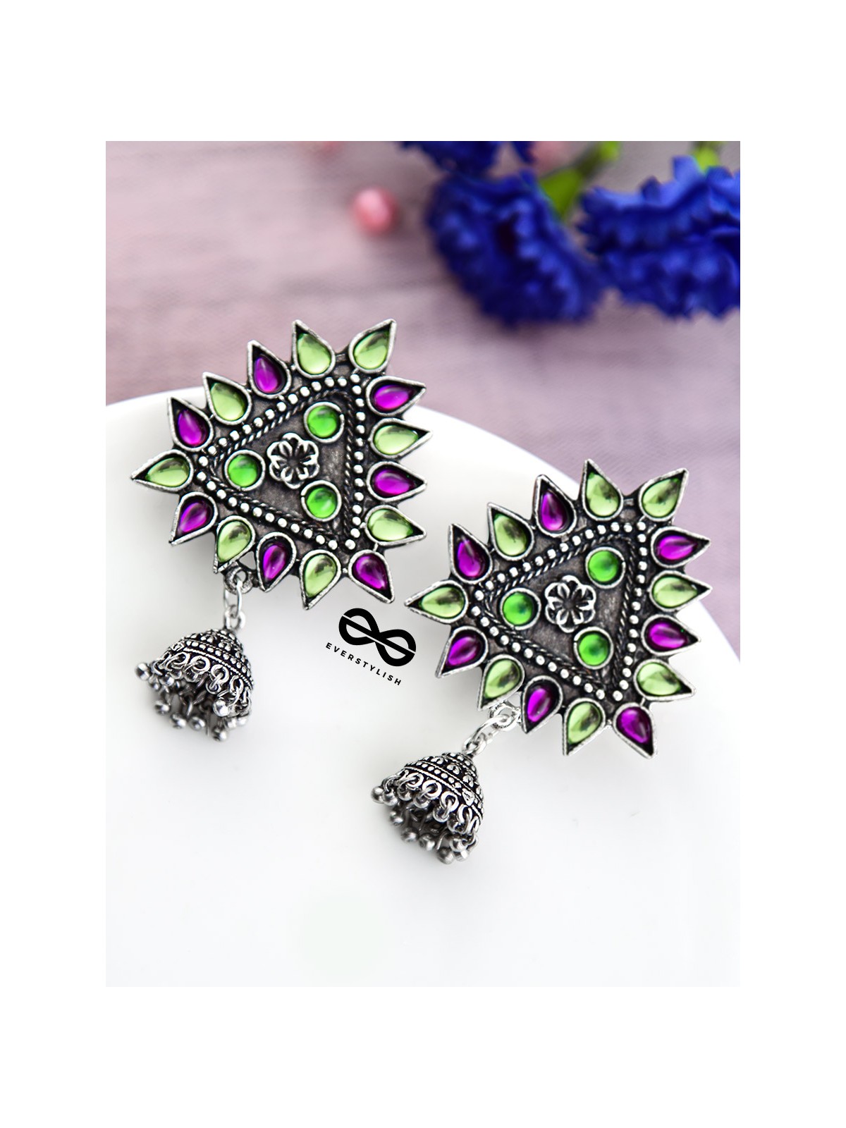 The Ethnic Wonders (Purple Green) - Embellished Oxidised Earrings