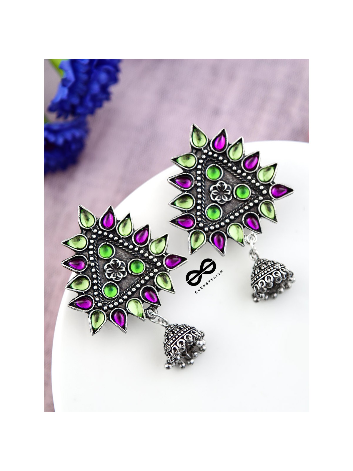The Ethnic Wonders (Purple Green) - Embellished Oxidised Earrings