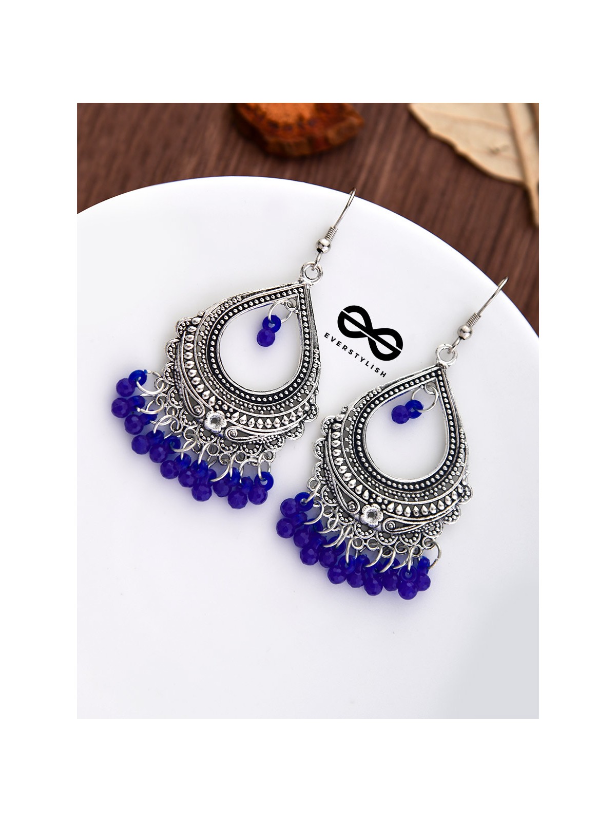 The Intricate Motif Drops (Royal Blue) - Oxidised Boho Earrings