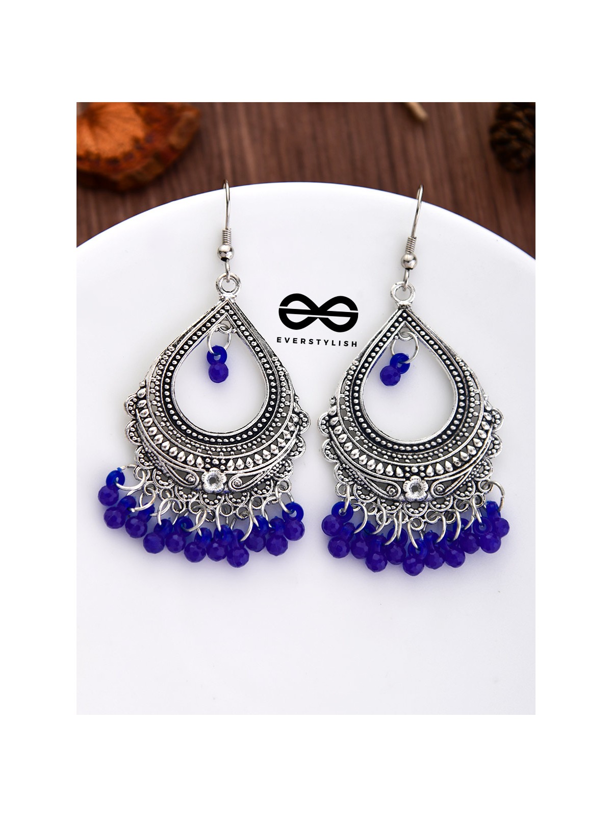 The Intricate Motif Drops (Royal Blue) - Oxidised Boho Earrings