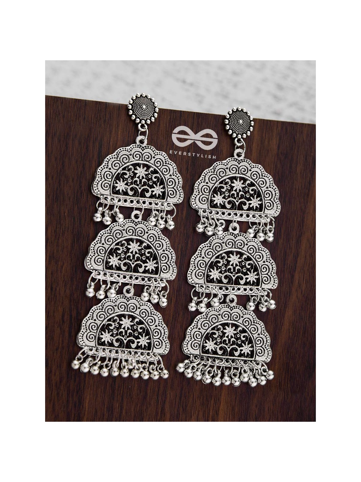 The Triple-Layered Intricate Clouds - Oxidised Boho Earrings