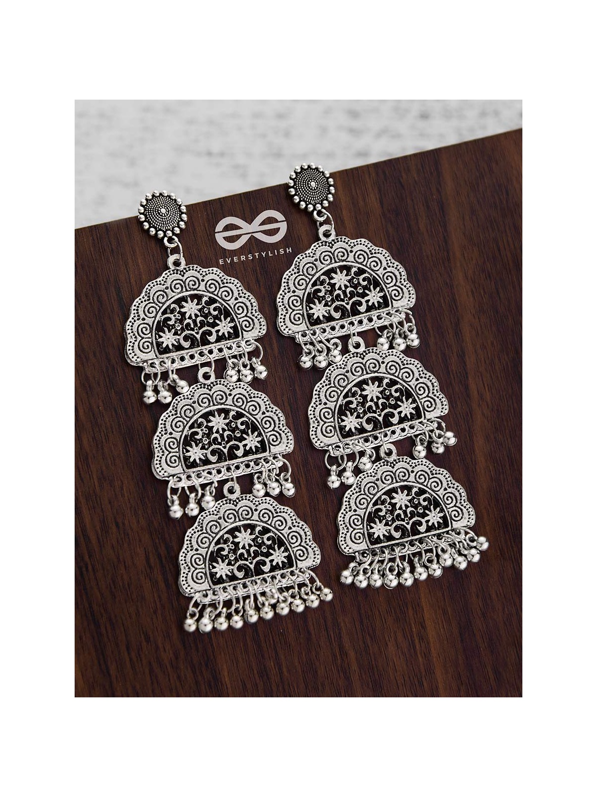 The Triple-Layered Intricate Clouds - Oxidised Boho Earrings
