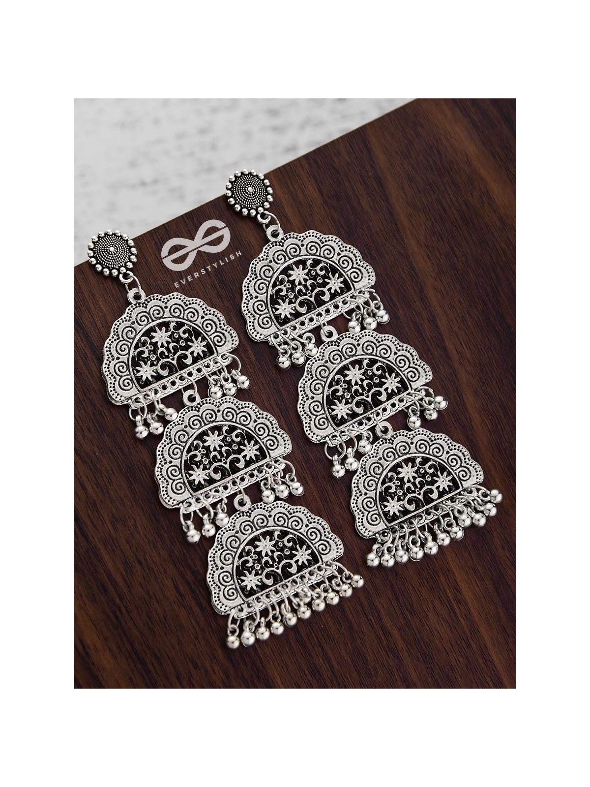 The Triple-Layered Intricate Clouds - Oxidised Boho Earrings