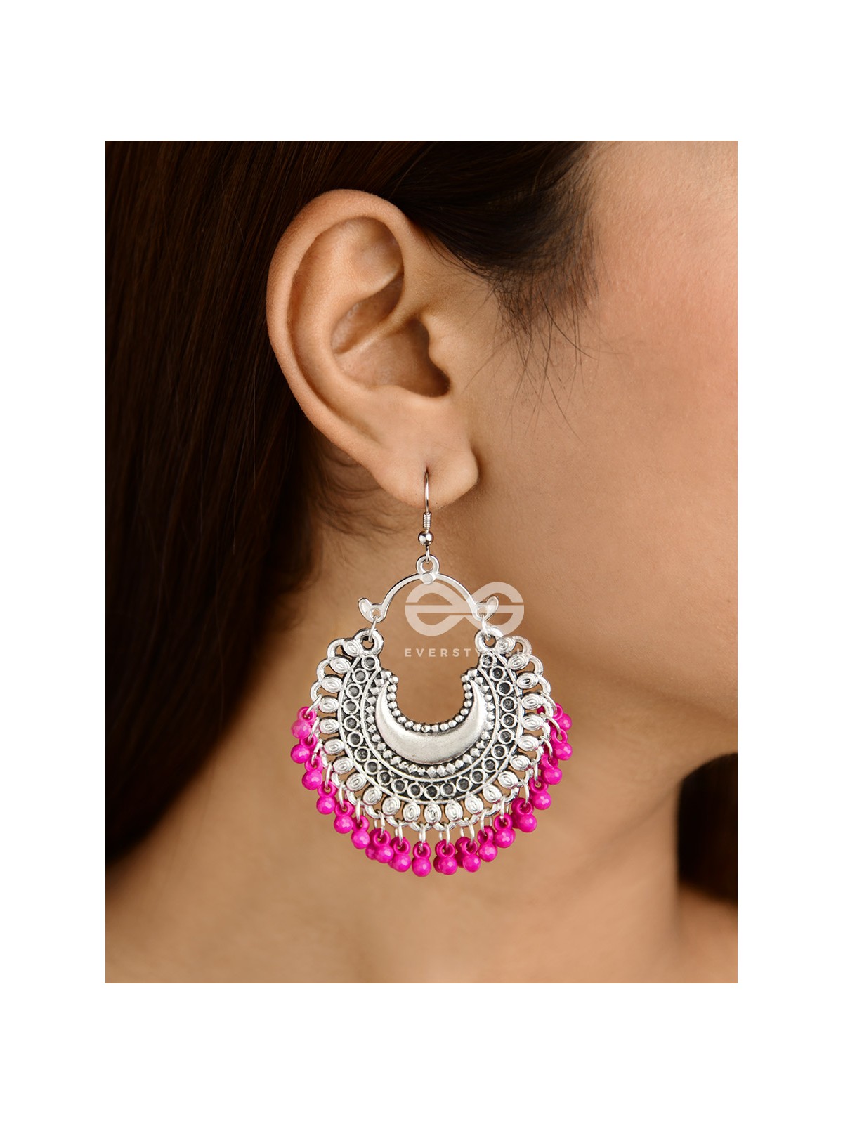 The Motif Moon Chandbali Earrings (Magenta) - The Boho Basics
