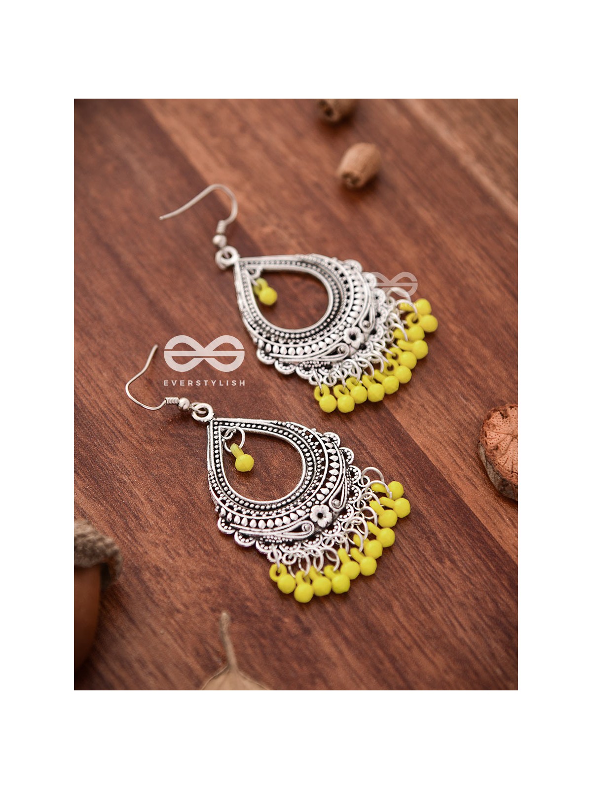 The Intricate Motif Drops (Yellow) - Oxidised Boho Earrings