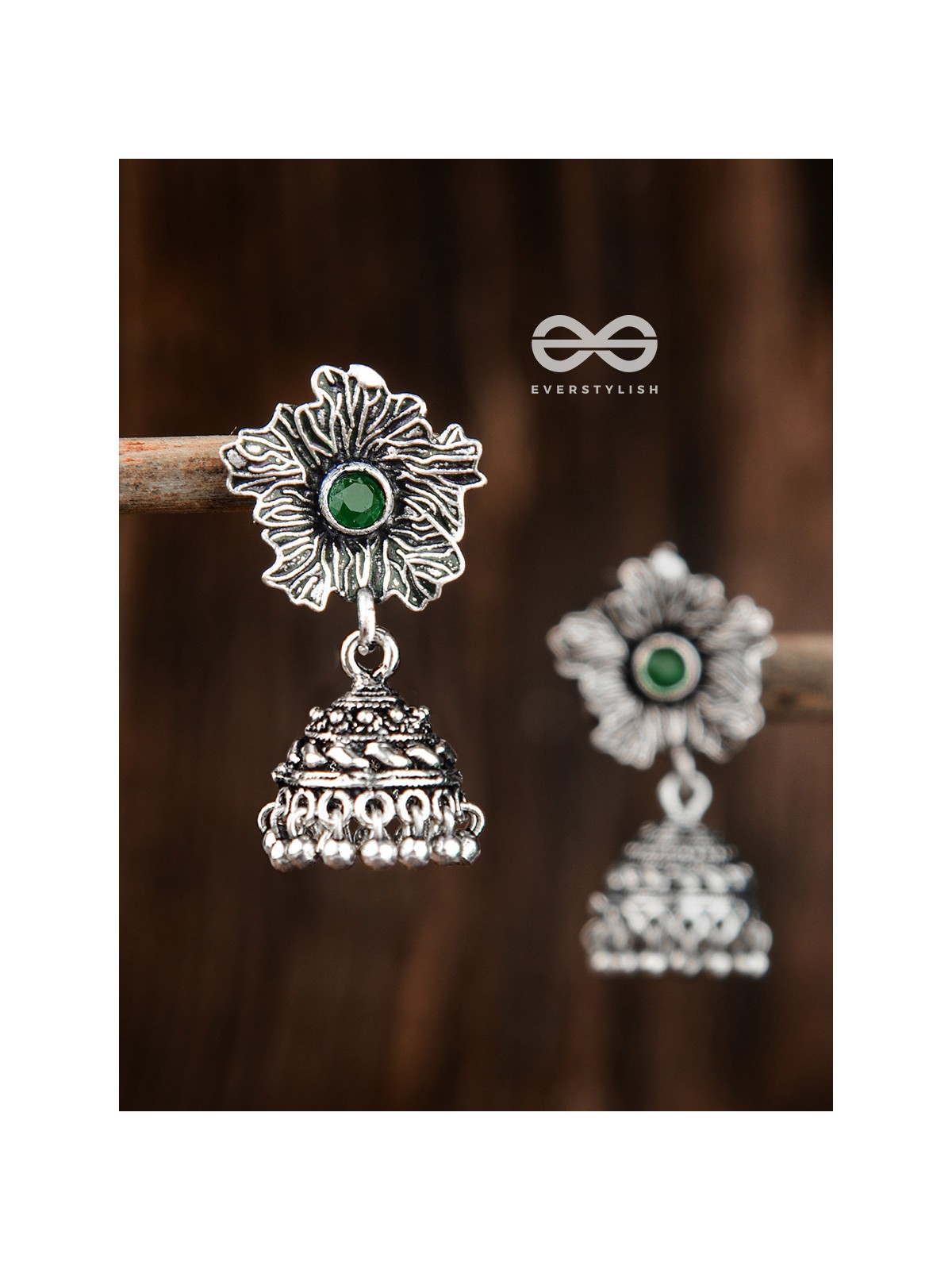 The Artsy Floral Jhumkis (Emarald) - Embellished Oxidised Collection