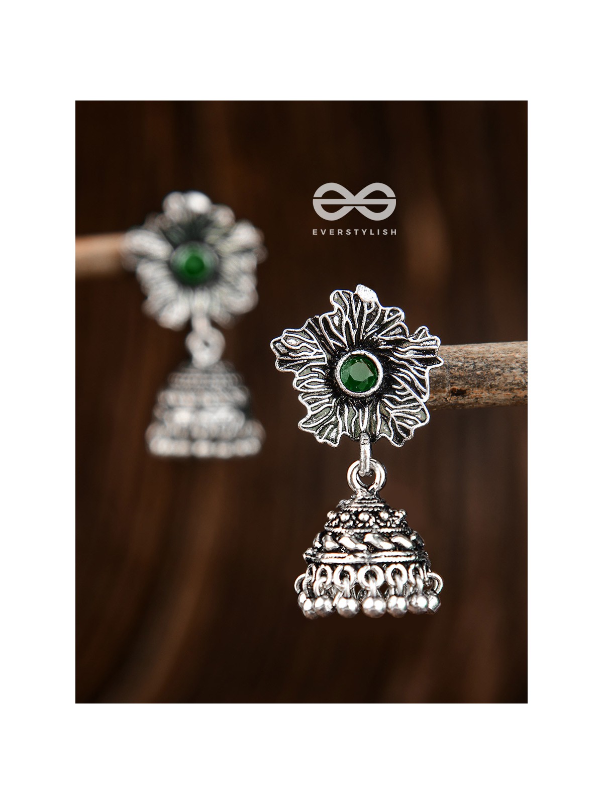The Artsy Floral Jhumkis (Emarald) - Embellished Oxidised Collection
