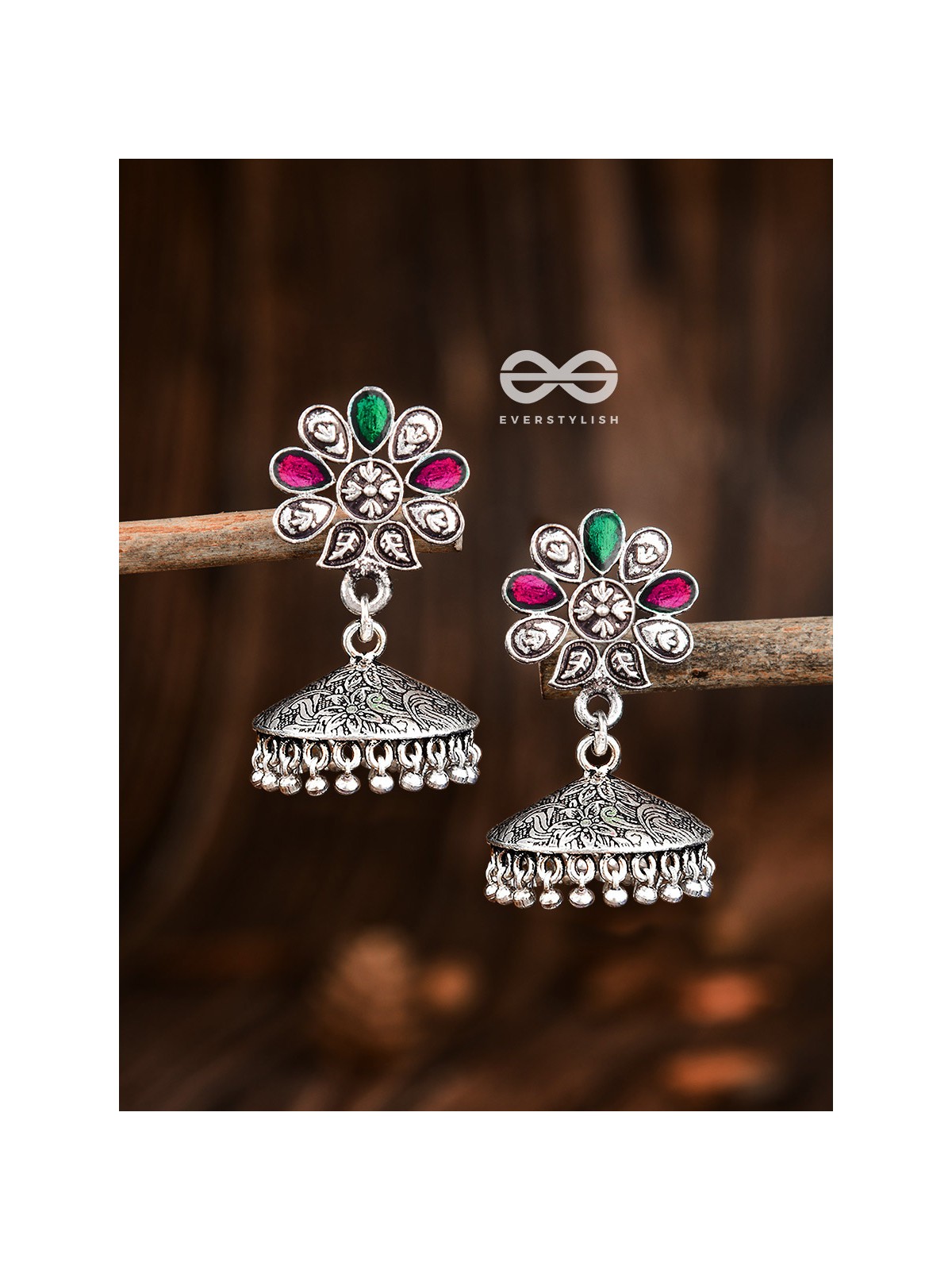The Enamelled Floral Artwork (Ruby Emerald) - The Embellished Oxidised Collection