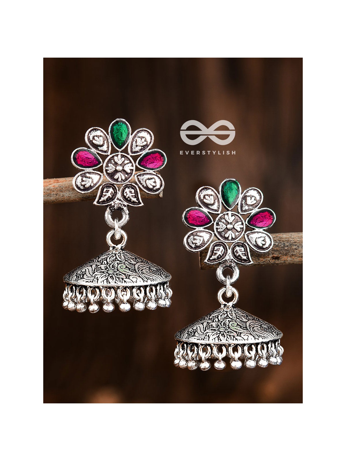 The Enamelled Floral Artwork (Ruby Emerald) - The Embellished Oxidised Collection