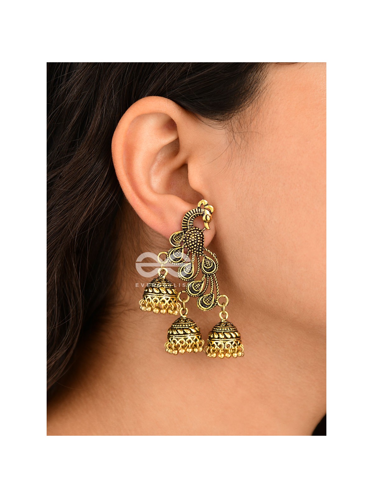 The Intricate Peacocks (Golden) - Triple Boho Jhumki Earrings