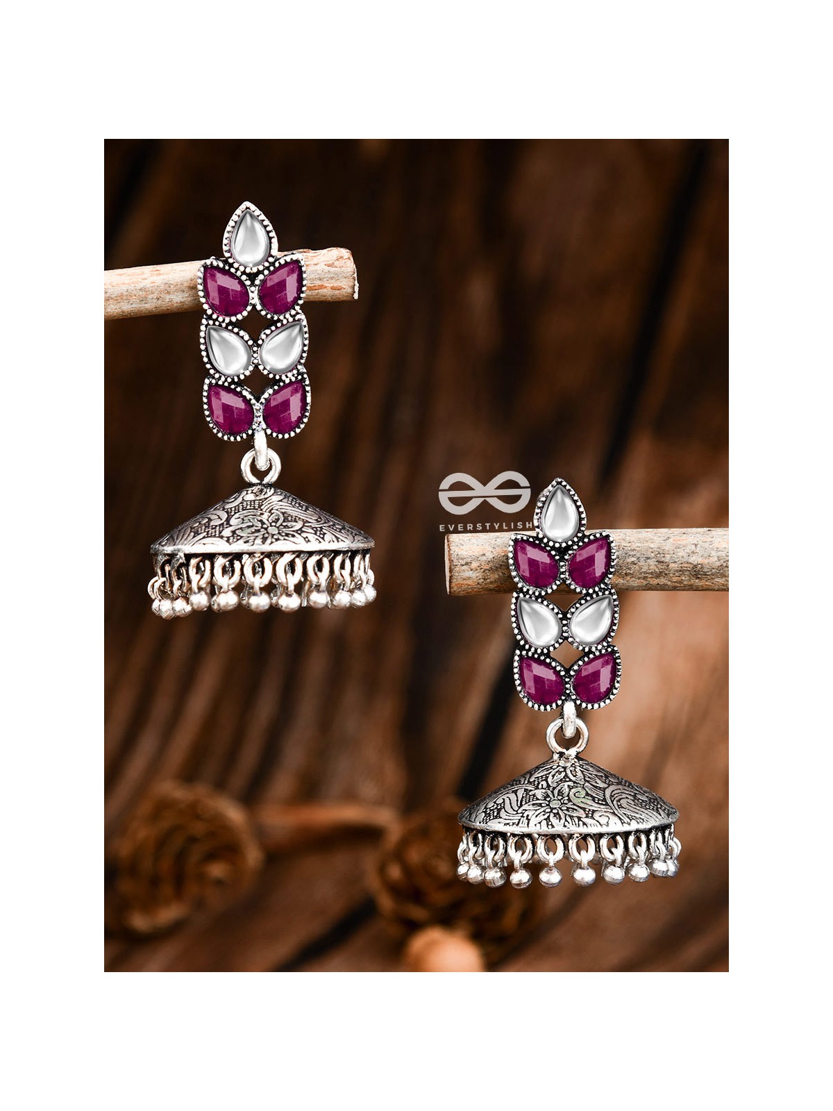 The Olive Branch Intricate Jhumkis - Ruby White - The Embellished Oxidised Collection