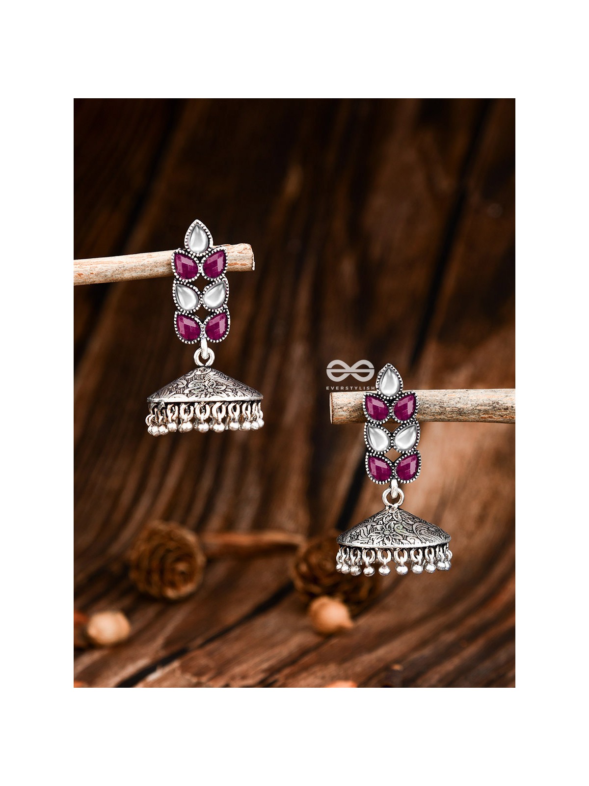 The Olive Branch Intricate Jhumkis - Ruby White - The Embellished Oxidised Collection