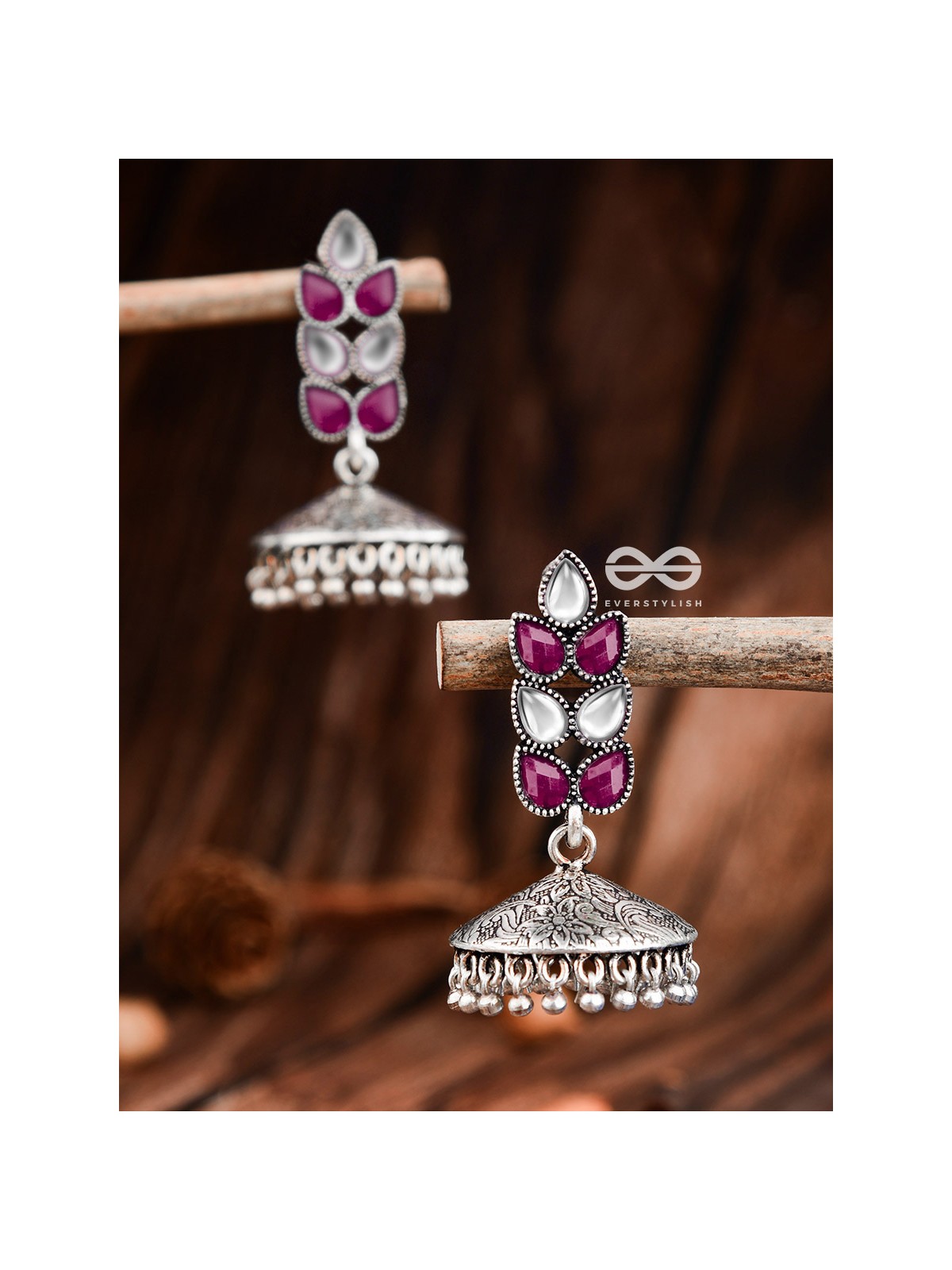 The Olive Branch Intricate Jhumkis - Ruby White - The Embellished Oxidised Collection