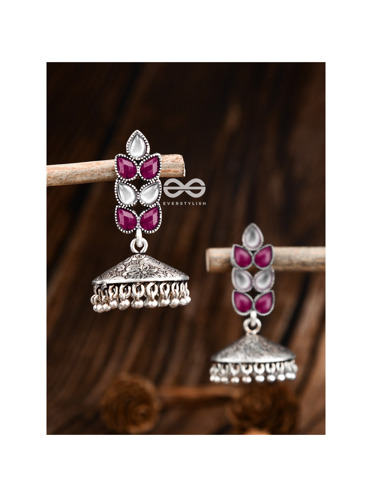The Olive Branch Intricate Jhumkis - Ruby White - The Embellished Oxidised Collection