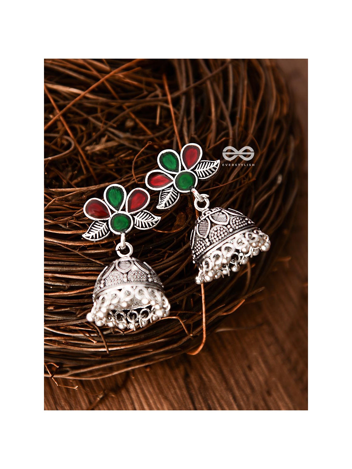 The Floral Delight Meenakari Arwork Jhumkis (Red-Green)