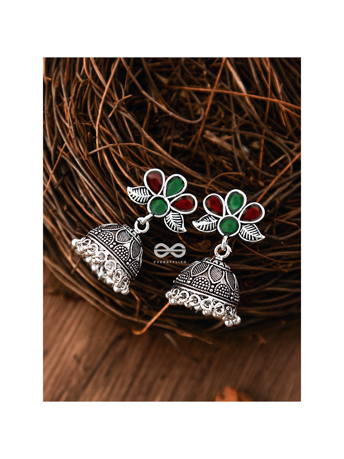 The Floral Delight Meenakari Arwork Jhumkis (Red-Green)