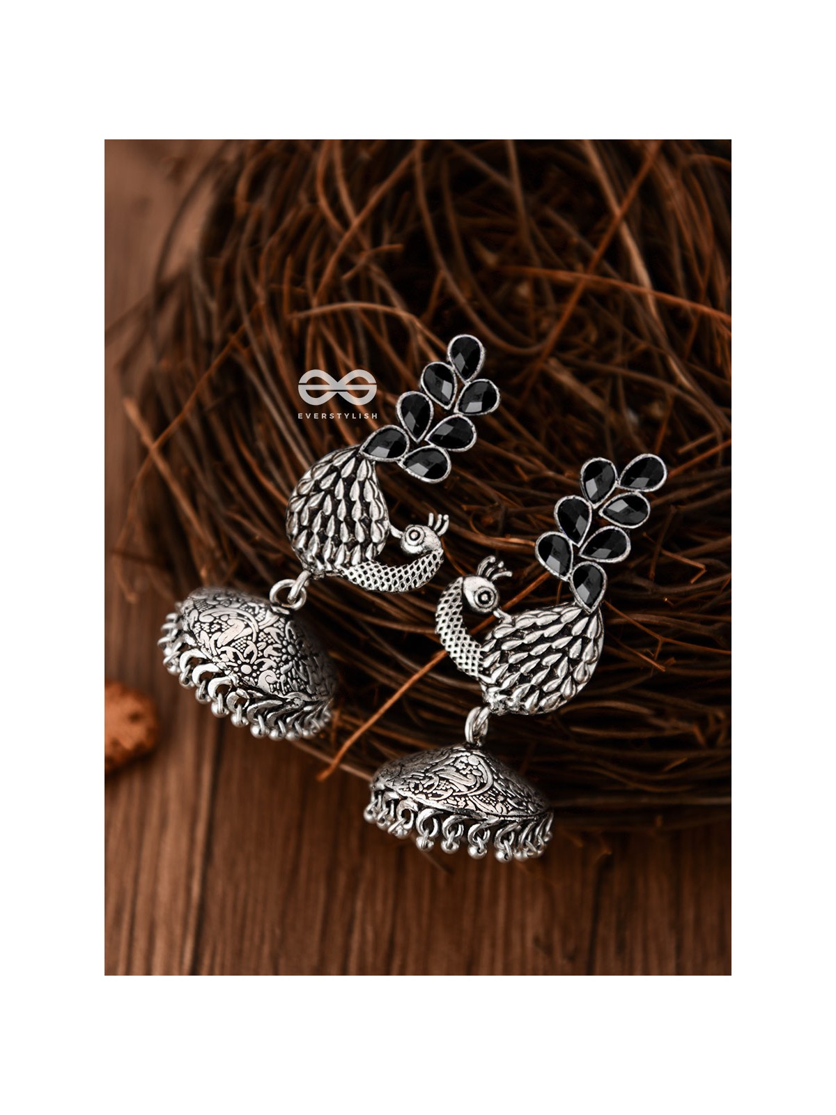 The Dancing Peacocks Engraved Jhumkis (Onyx Black) - Embellished Oxidised Collection