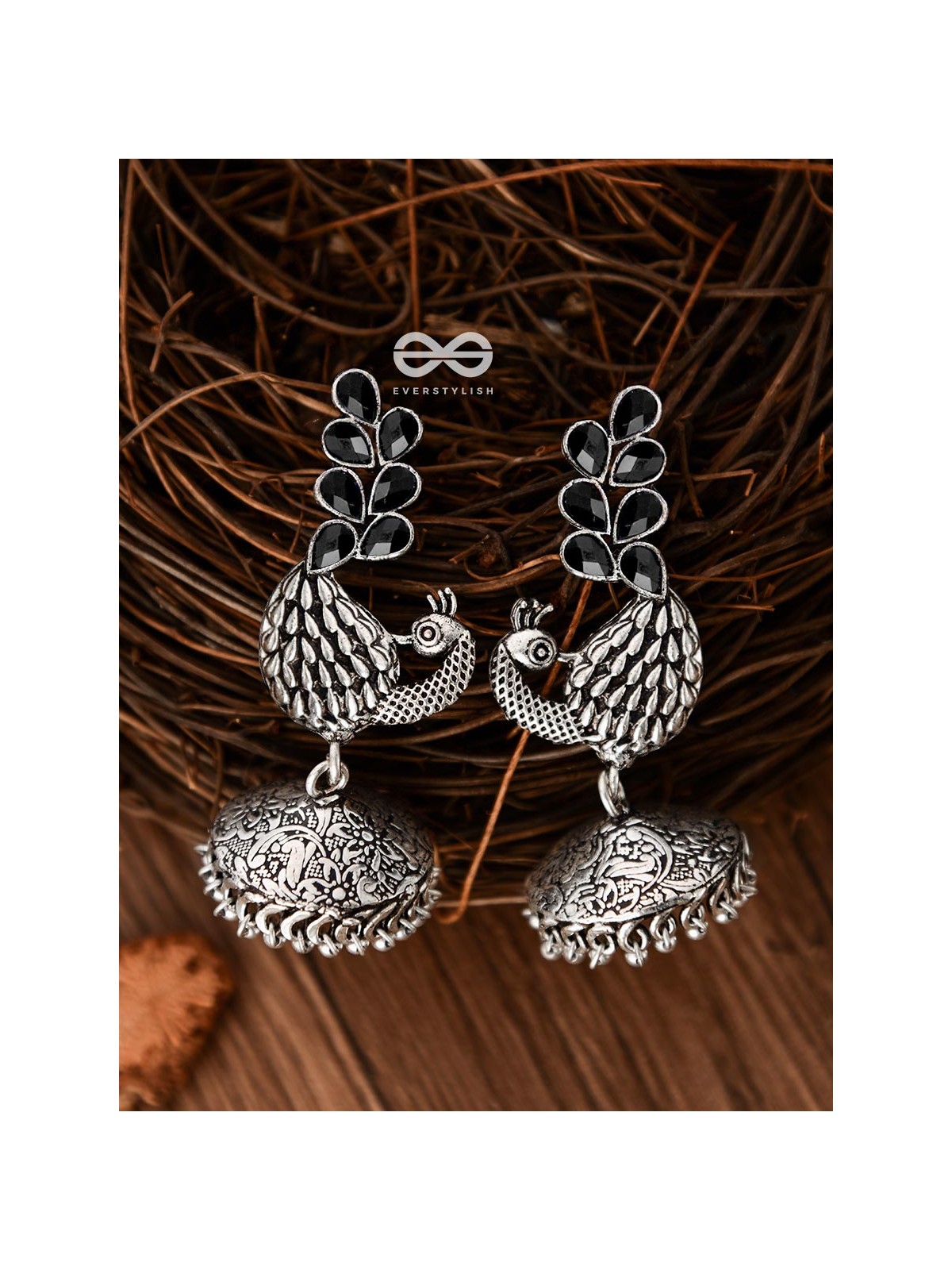 The Dancing Peacocks Engraved Jhumkis (Onyx Black) - Embellished Oxidised Collection