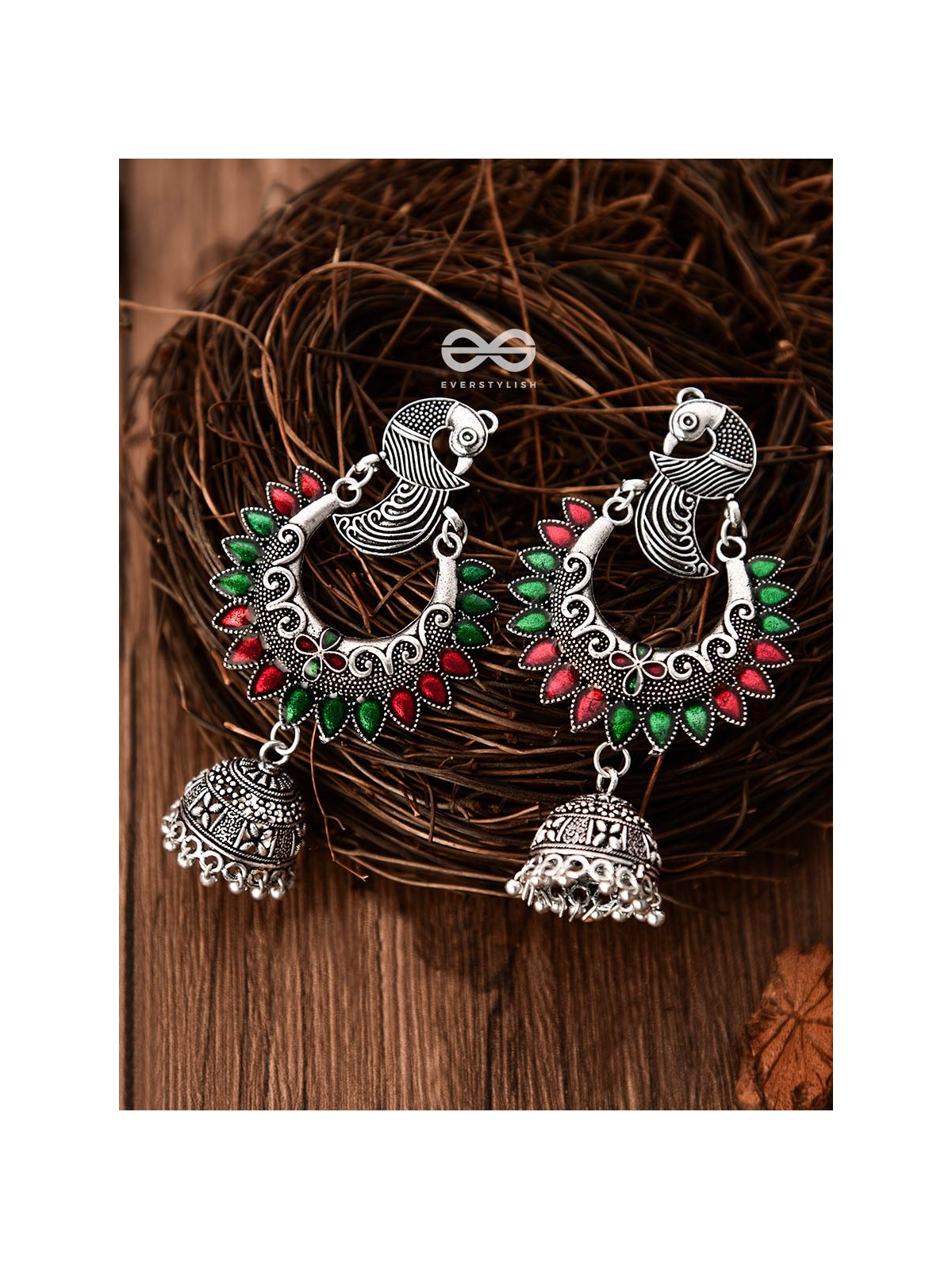 The Intricate Enamelled Peacocks Meenakari Artwork Jhumkas - (Red-Green)