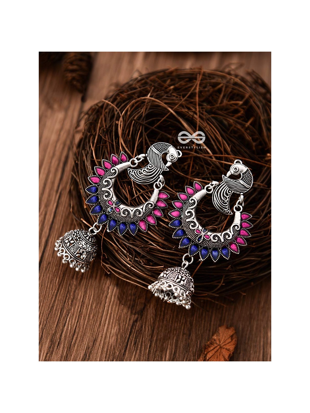The Elegant Enamelled Peacocks Meenakari Artwork Jhumkas - (Pink-Blue)