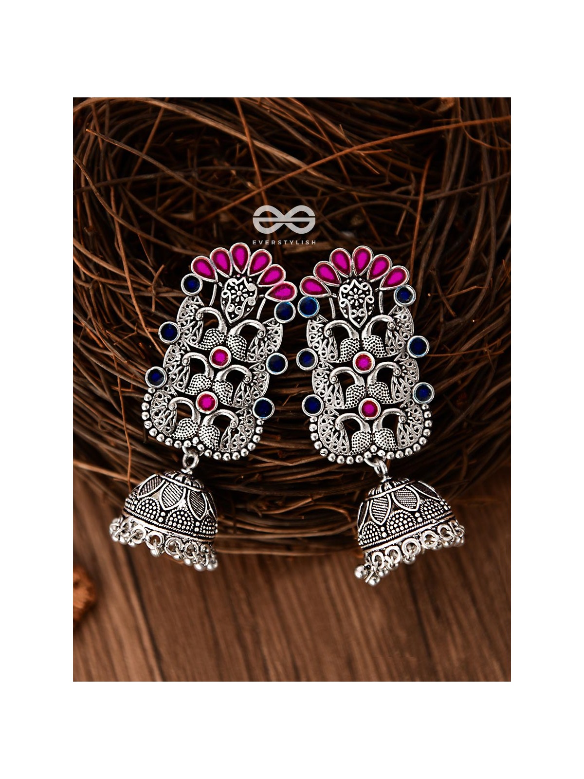 The Intricate Enamelled Peacocks Meenakari Artwork Jhumkas - (Pink-Blue)