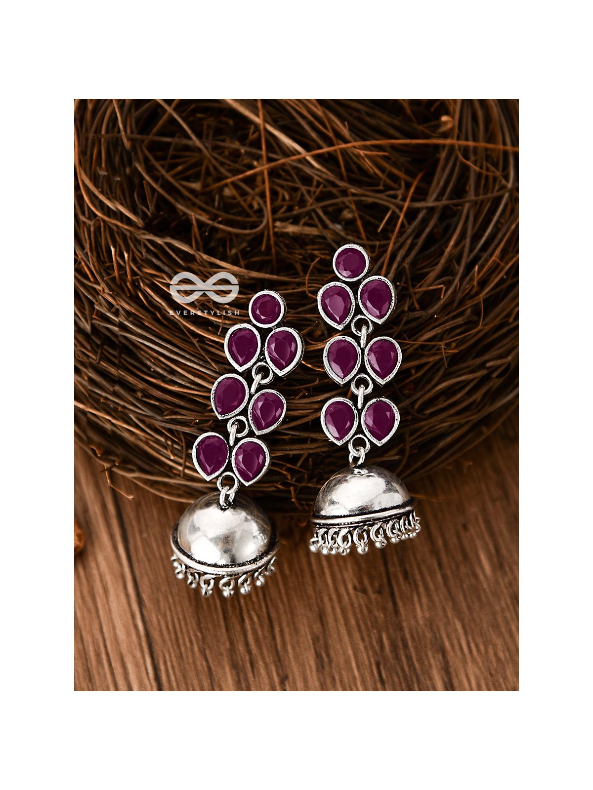 The Playfully Elegant Jhumkas (Ruby Red) - Embellished Oxidised Collection