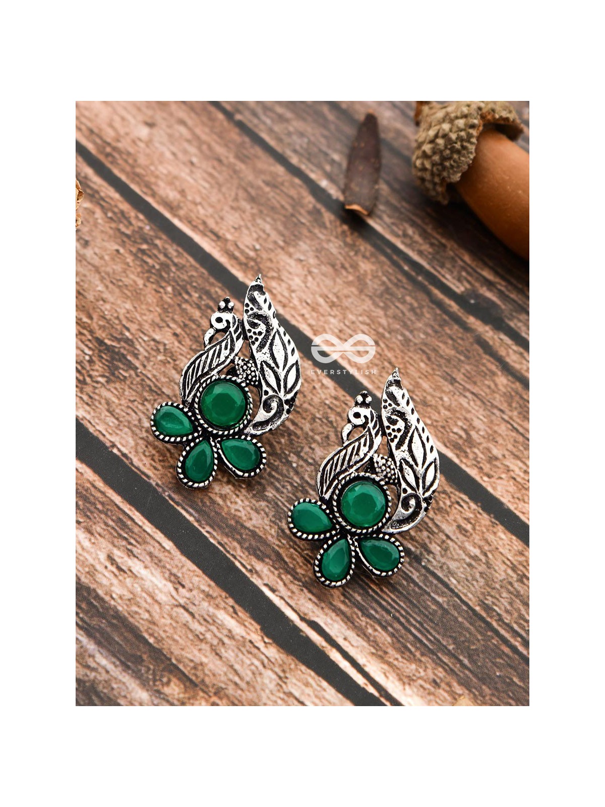 The Little Studded Peacock Studs - Emerald Green - The Embellished Oxidised Collection