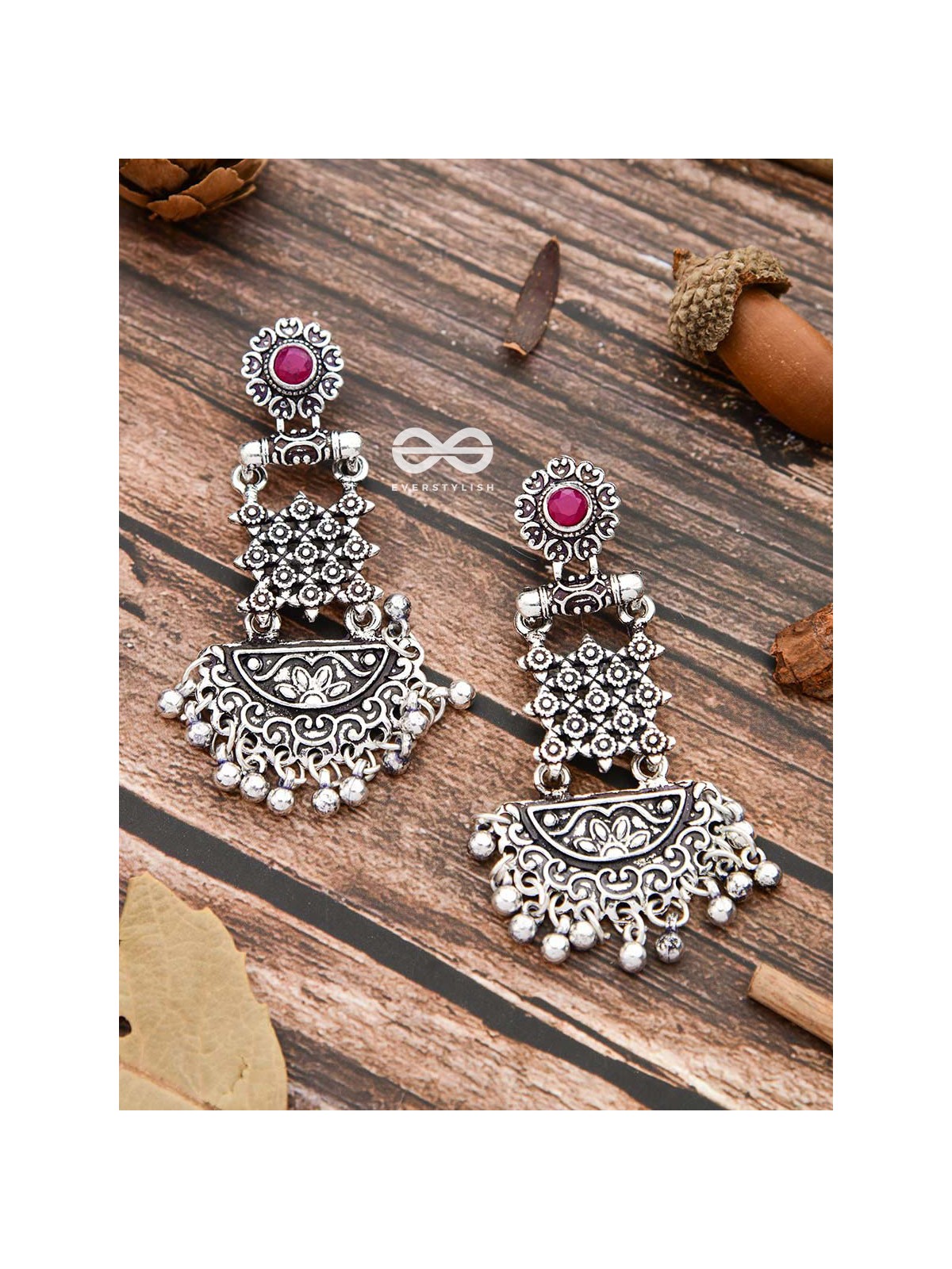 The Embellished Oxidised Collection - Intricate Delight Earrings- Red