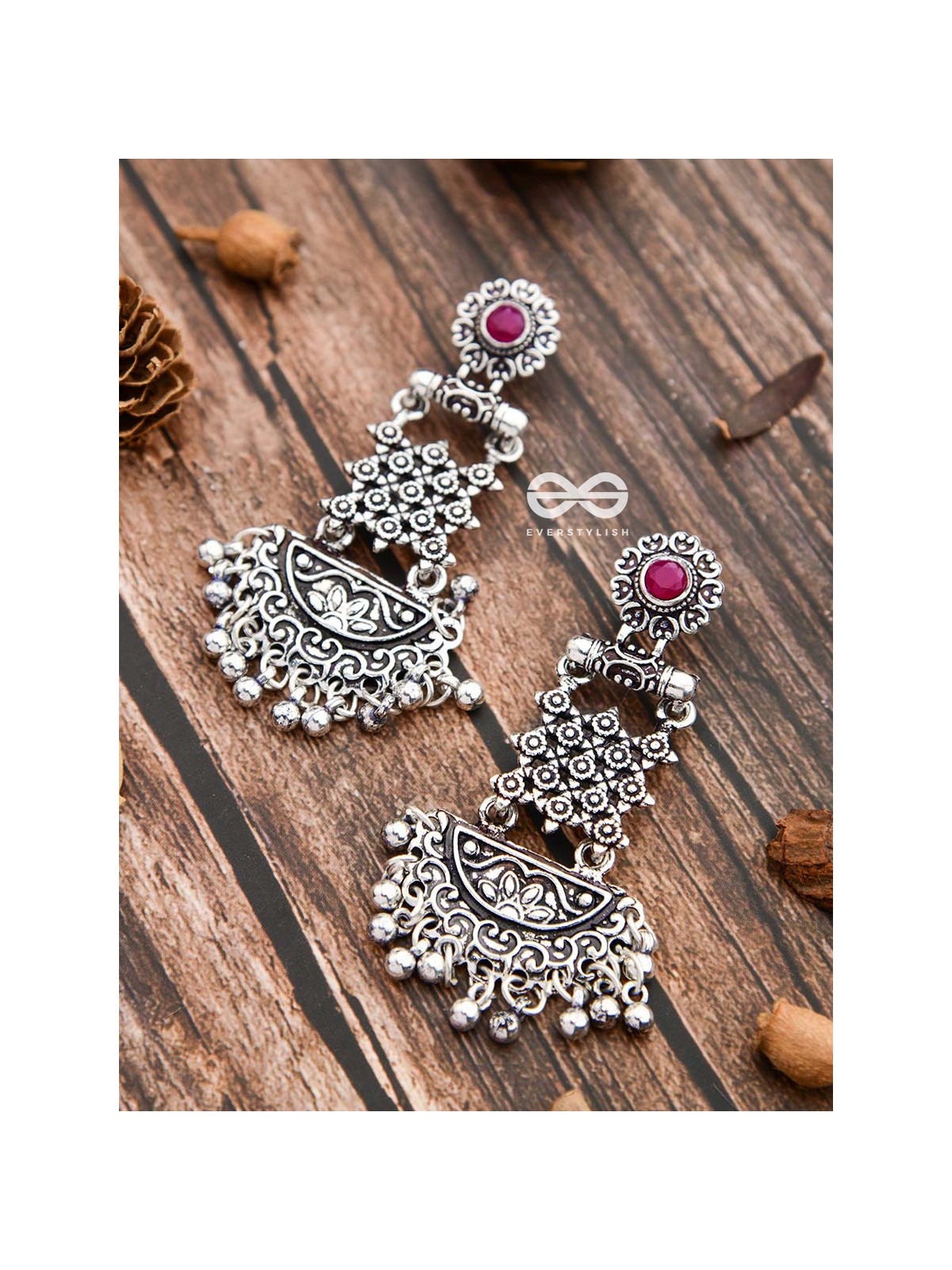 The Embellished Oxidised Collection - Intricate Delight Earrings- Red