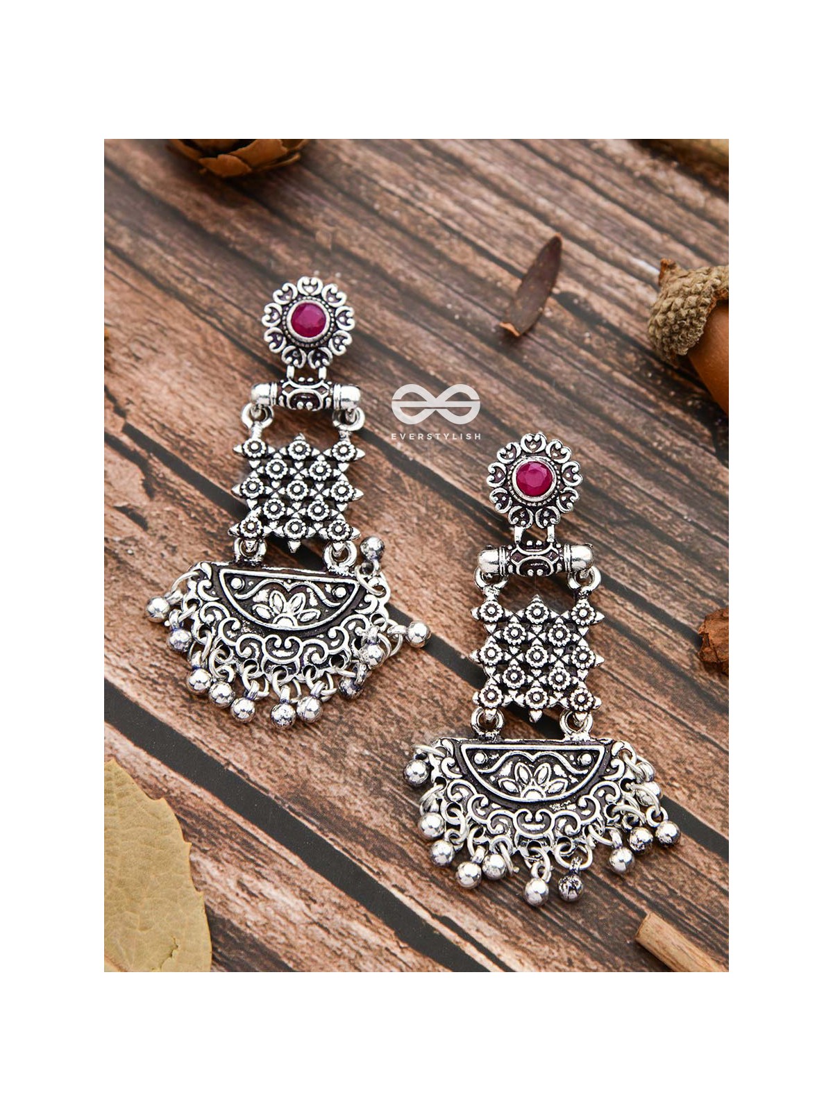 The Embellished Oxidised Collection - Intricate Delight Earrings- Red