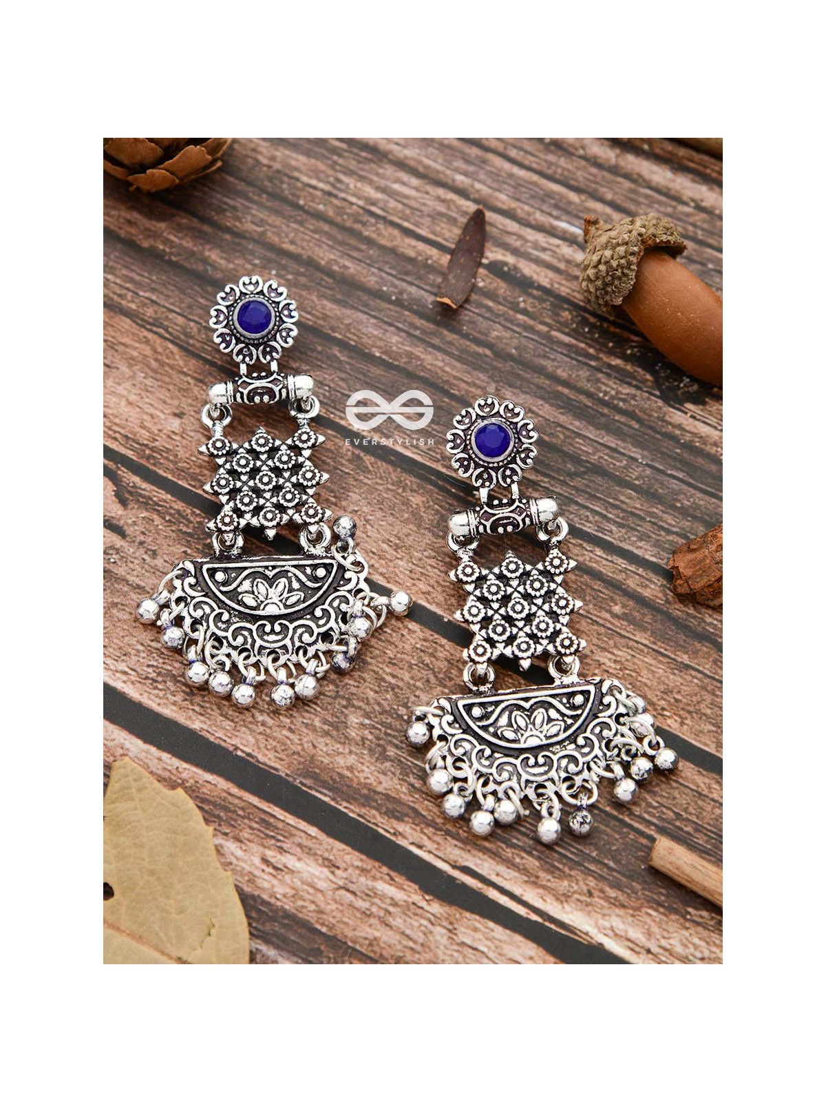 The Embellished Oxidised Collection - Intricate Delight Earrings- Blue