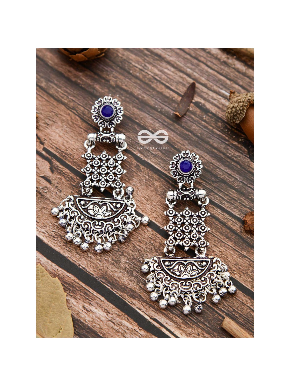 The Embellished Oxidised Collection - Intricate Delight Earrings- Blue