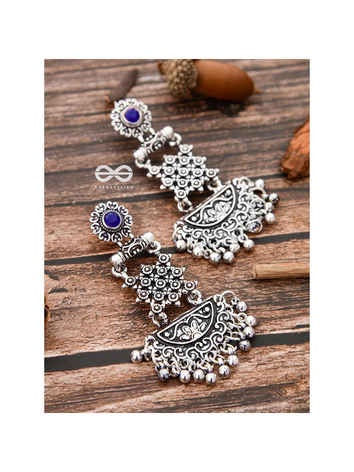 The Embellished Oxidised Collection - Intricate Delight Earrings- Blue