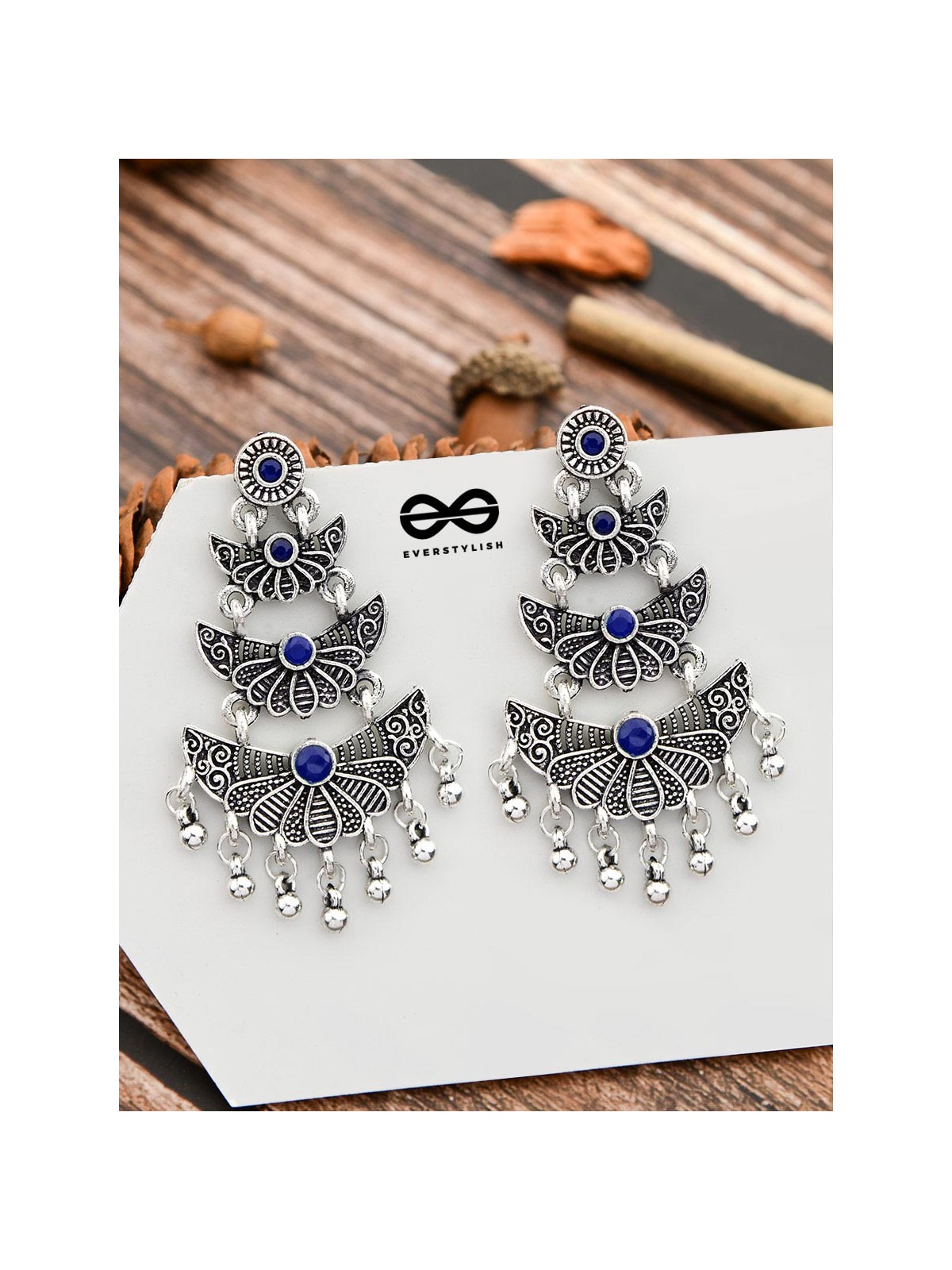 The Embellished Oxidised Collection - Triple Delight Earrings- Blue