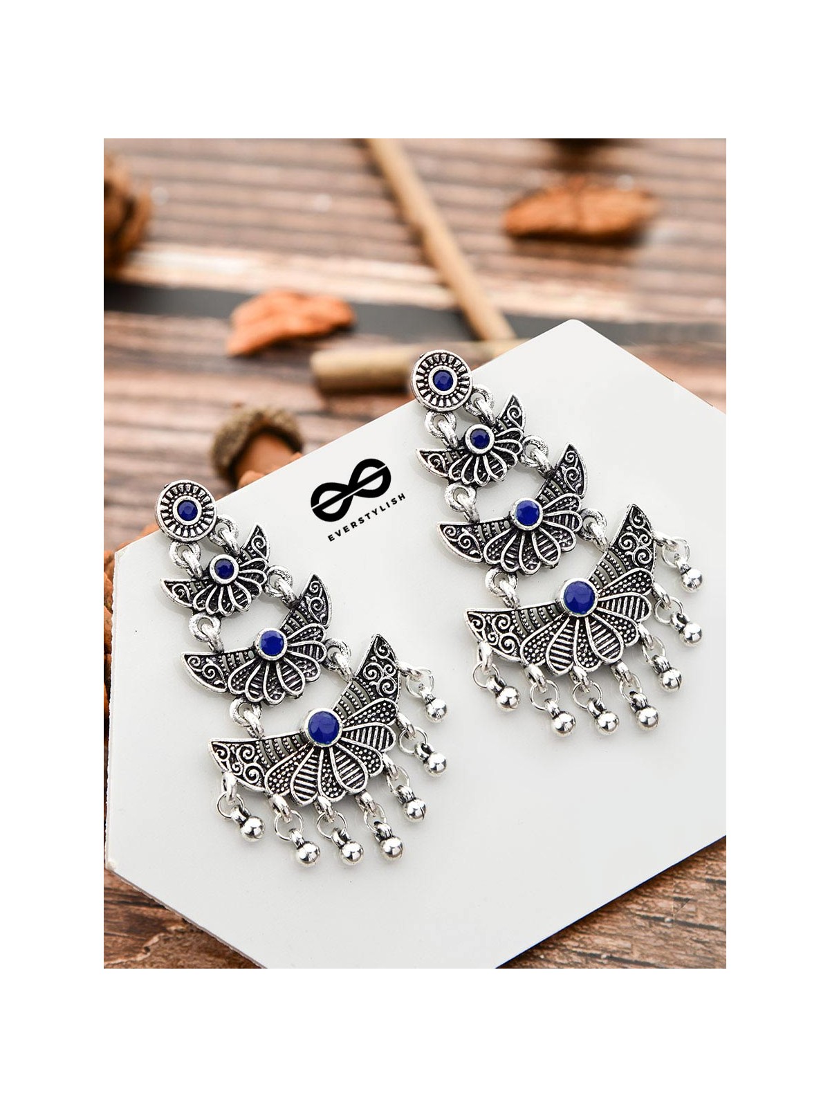 The Embellished Oxidised Collection - Triple Delight Earrings- Blue