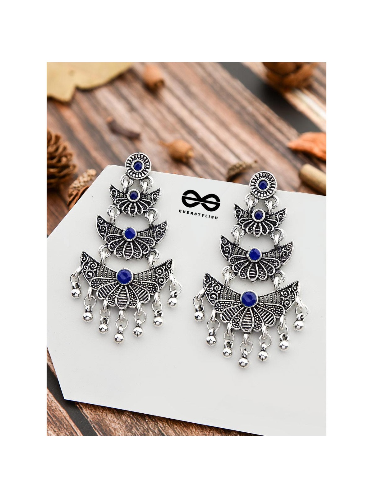 The Embellished Oxidised Collection - Triple Delight Earrings- Blue