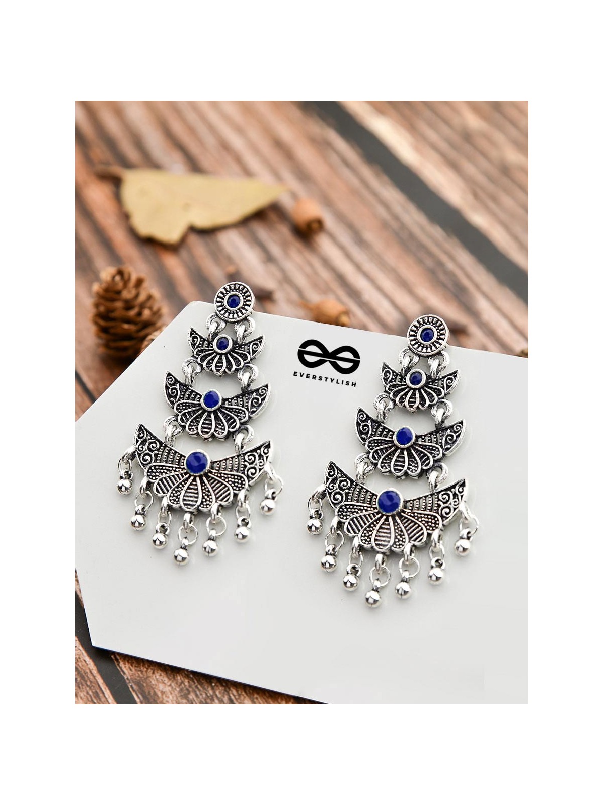 The Embellished Oxidised Collection - Triple Delight Earrings- Blue