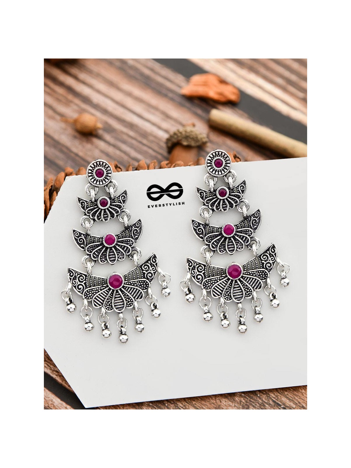 The Embellished Oxidised Collection - Triple Delight Earrings- Pink