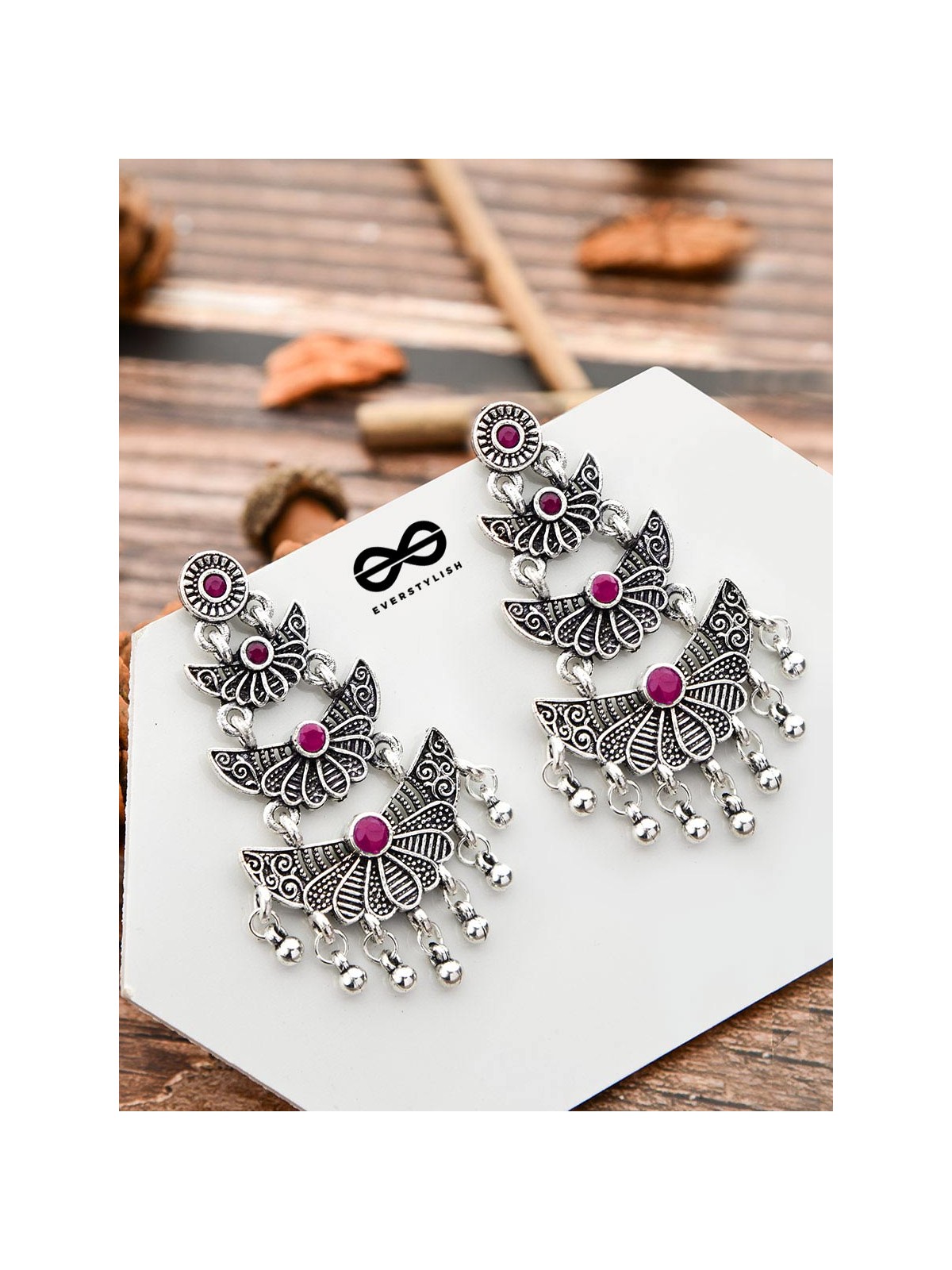 The Embellished Oxidised Collection - Triple Delight Earrings- Pink