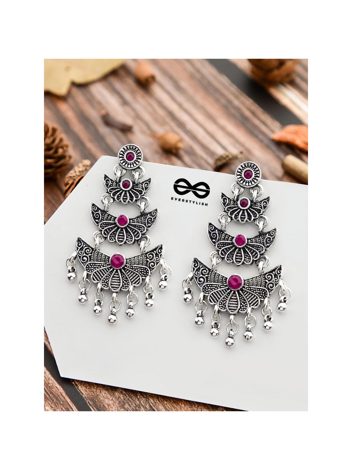 The Embellished Oxidised Collection - Triple Delight Earrings- Pink