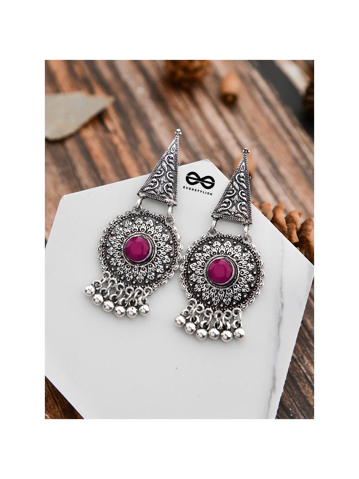 The Embellished Oxidised Collection - Intricate Geometry Earrings- Red