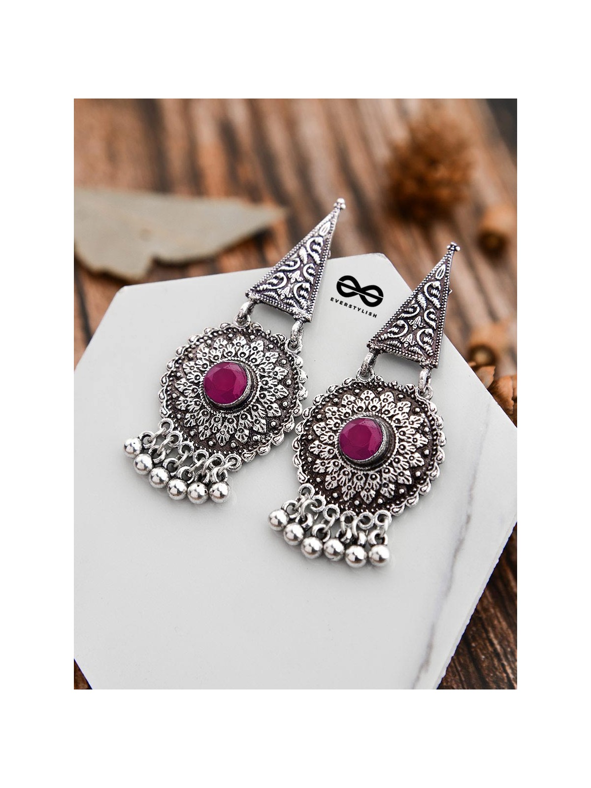 The Embellished Oxidised Collection - Intricate Geometry Earrings- Red