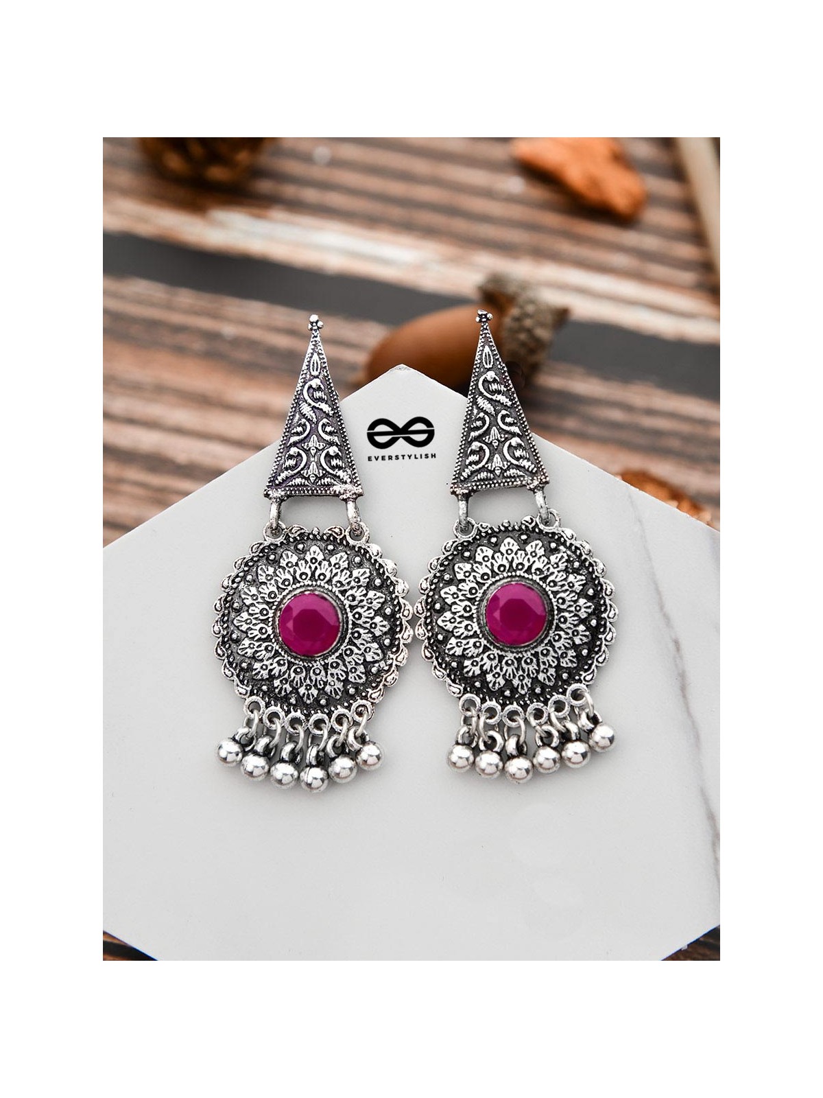 The Embellished Oxidised Collection - Intricate Geometry Earrings- Red