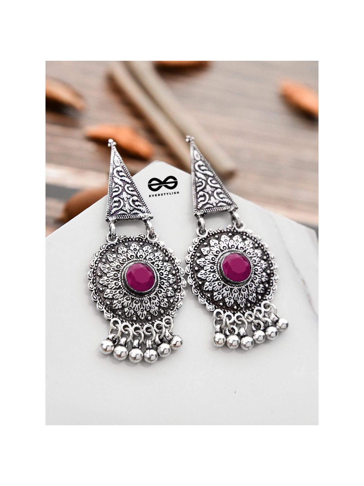 The Embellished Oxidised Collection - Intricate Geometry Earrings- Red