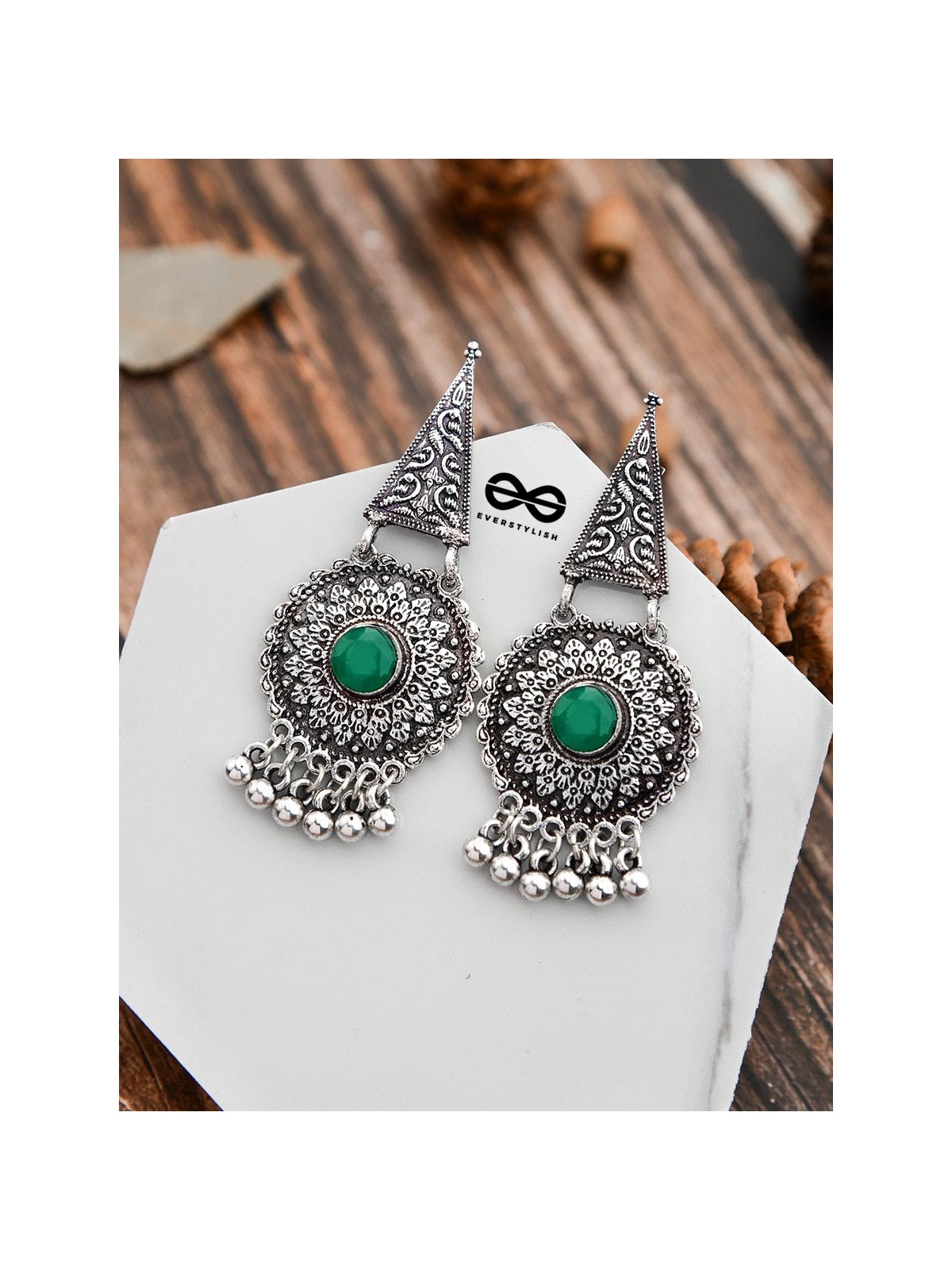 The Embellished Oxidised Collection - Intricate Geometry Earrings- Green
